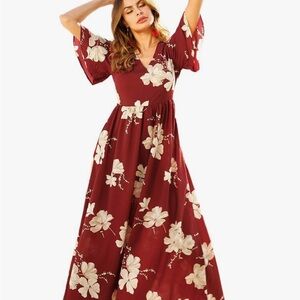 Red Cream A-line Maxi Dress with Bell Sleeves